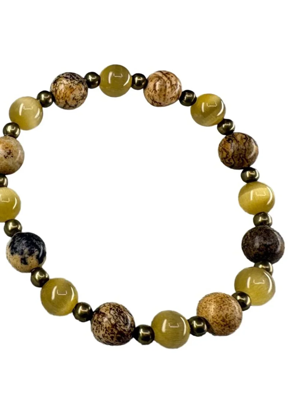 8mm Natural Yellow Cat's Eye Jasper Stretch Beaded Bracelet BronzeAlloy Talisman
